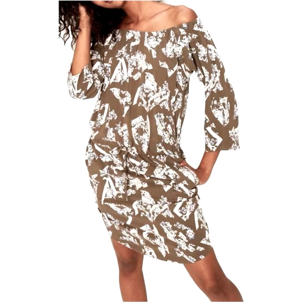 Lole Jamie Dress in Army Green Abstract Print; Size Large, Off-Shoulder, Pockets